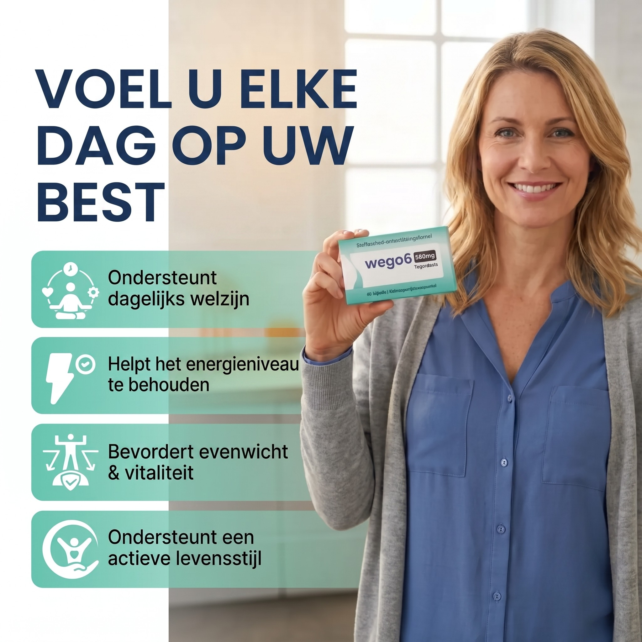 Vrouw met wego6 capsules — dagelijks meer energie en natuurlijke balans
