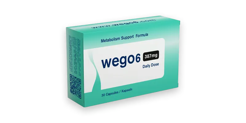 Hand met wego6 capsules — natuurlijke stofwisselingsformule